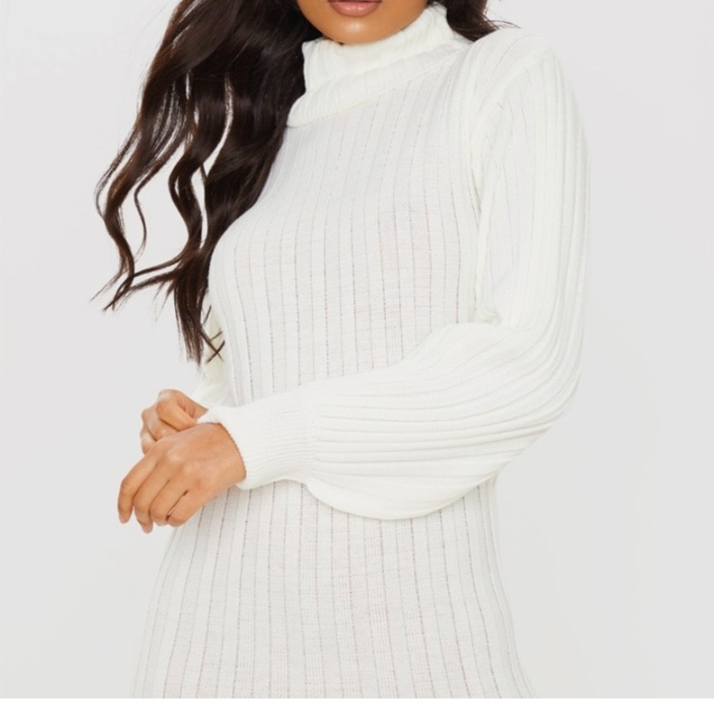 Cream Roll Neck Ribbed Knitted Sweater Dress